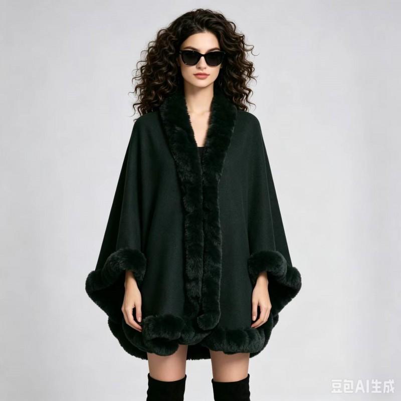 Oversized Knit Cape With Faux Fur Collar Women Winter Warm Thick Sweater Shawl Street Style