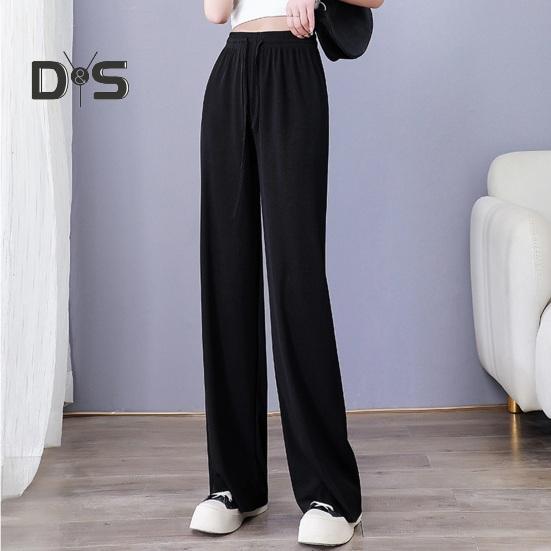 Damen Freizeithose, elastische Taille, verstellbarer Kordelzug, einfarbig, lange Hose aus Eisseide, weites Bein, drapierte Hose, Streetwear