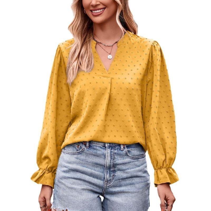 Women's Jacquard T-shirt with V-neck, Loose Long Sleeves and Umbrella-shaped Sleeves