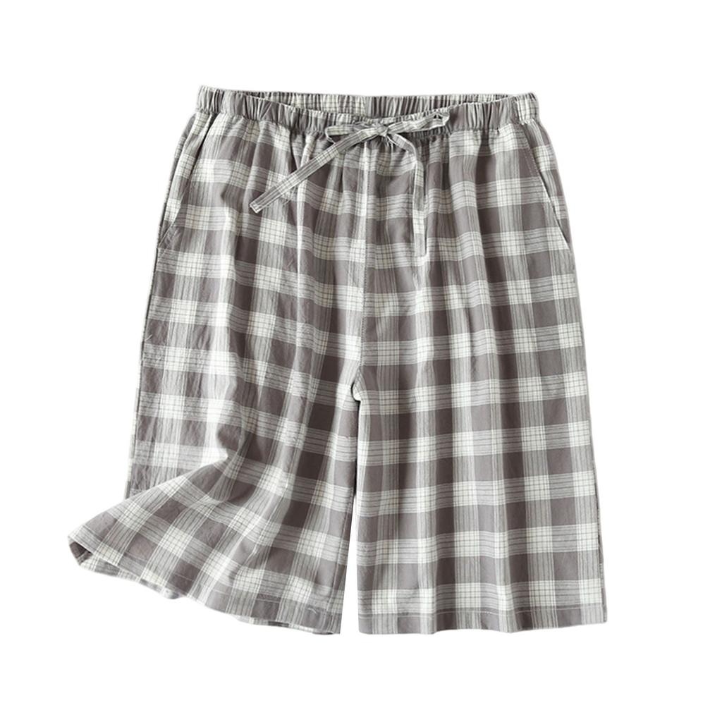 Leichte Herren-Karo-Lounge-Shorts mit elastischem Bund, Baumwoll-Schlafanzugunterteil, Lockere Passform