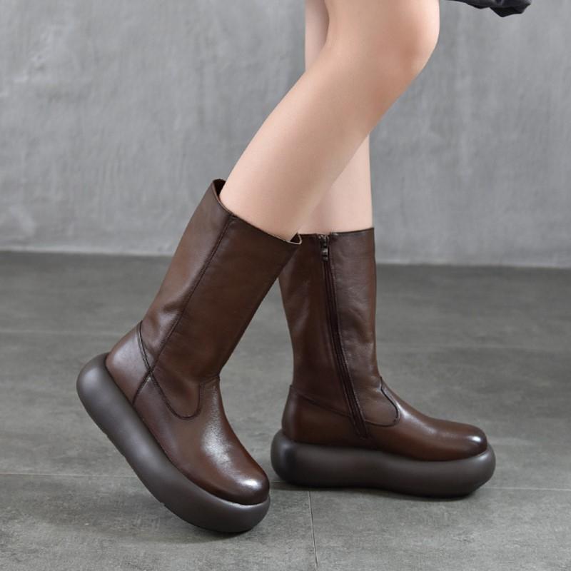 Johnature Women's Boots Genuine Leather Retro Round Toe Thick Soled Side Zipper Mid-calf Boots