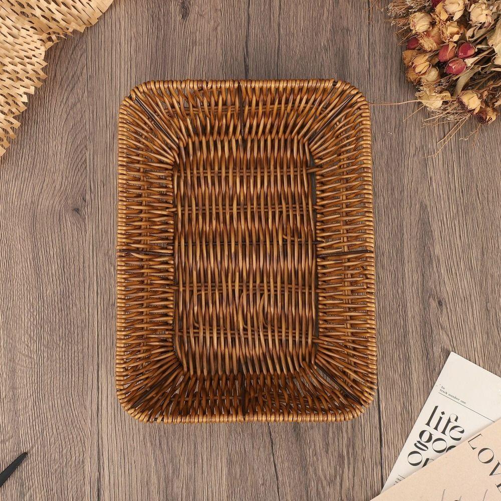 Plastic Rattan Food Plate Rectangle Fruit Tray New Bread Basket  Breakfast Cake Snack