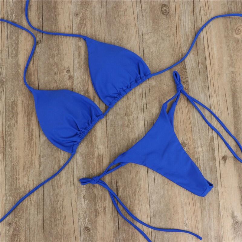 Neck solid color three-point bikini sexy swimsuit women's split strap adjustable multi-color swimsuit