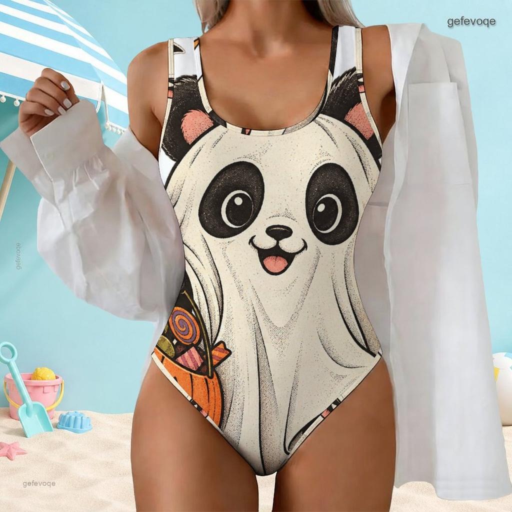 Women Plus Size Scoop Neck Wide Straps One Piece High Cut Bee Pumpkin Printed Swimsuit