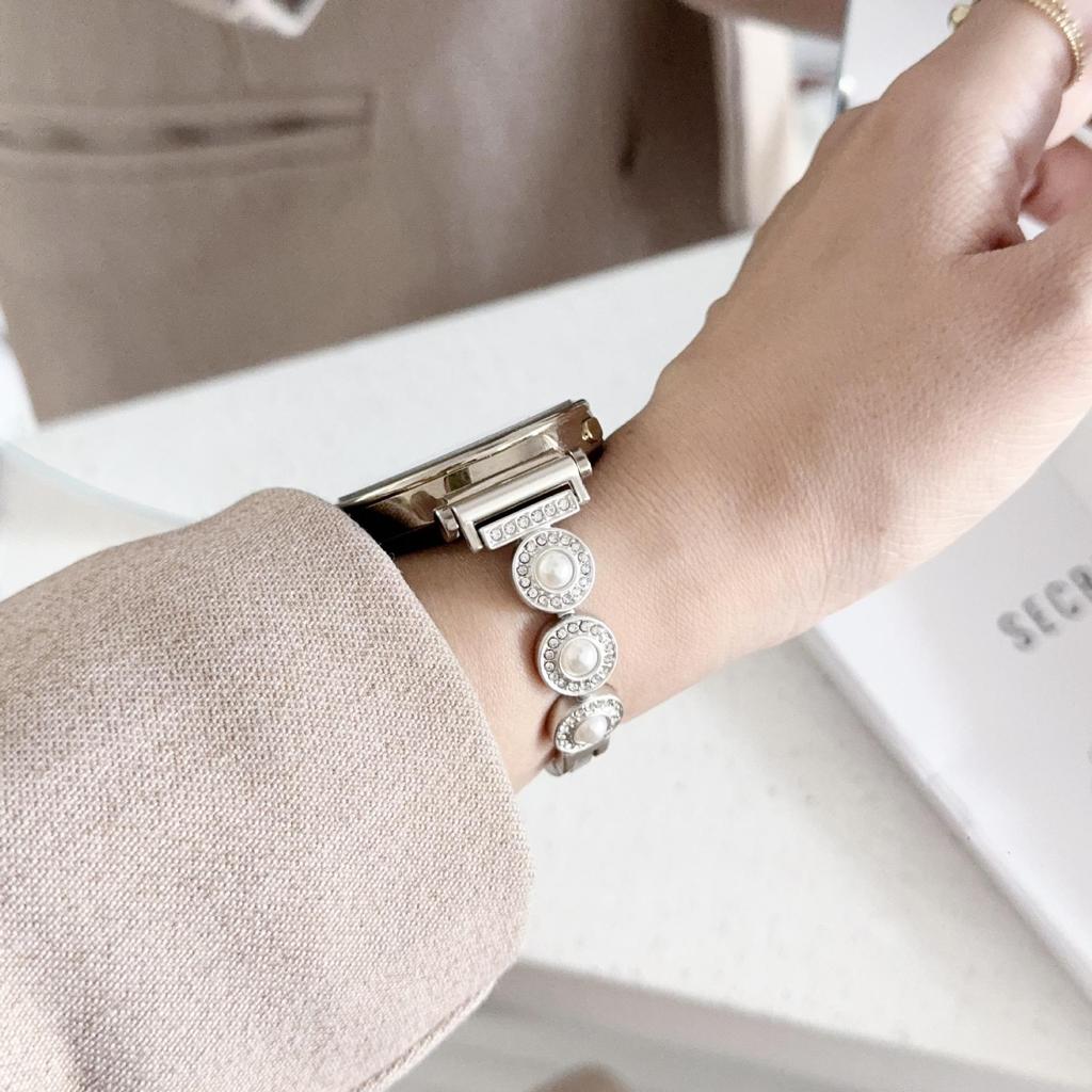 French Style Pearl Metal Chain Band for Apple Watch 11, iWatch 10987E, Huawei GT6, Xiaomi 9