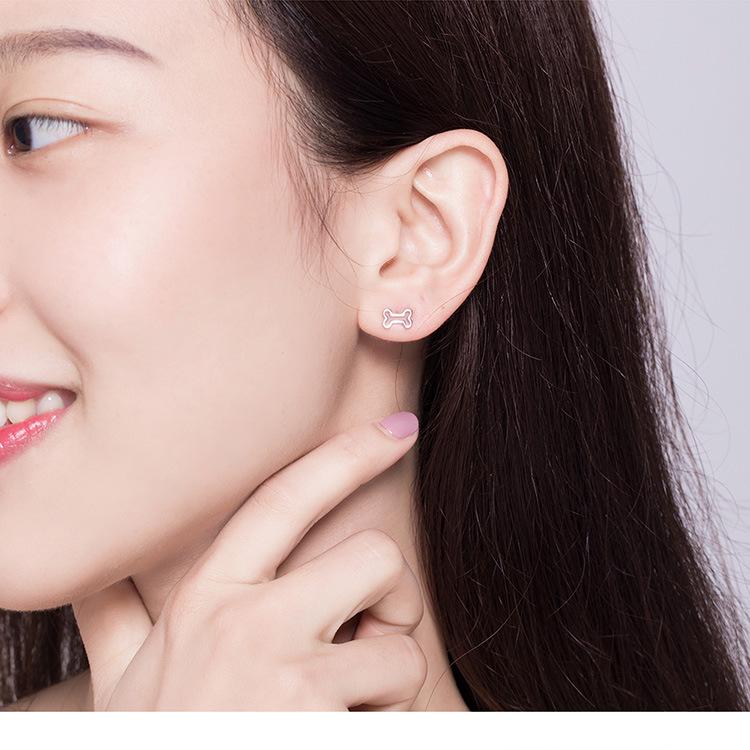 Sterling Silver Puppy and Bone Openwork Stud Earrings - S925 Fashion Jewelry