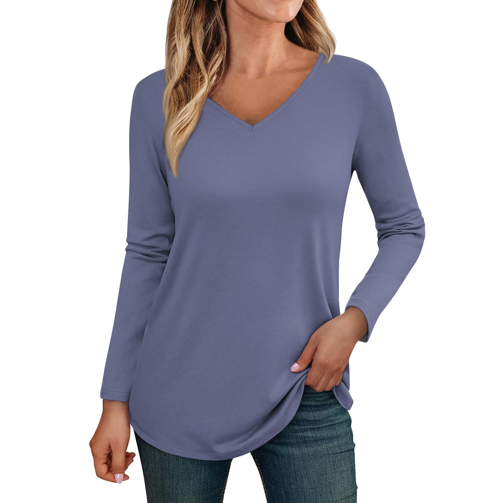 

Женские топы с длинными рукавами, рубашки с v-образным вырезом, повседневные базовые модные футболки, блузки, осенние наряды-туники, облегающие футболки L