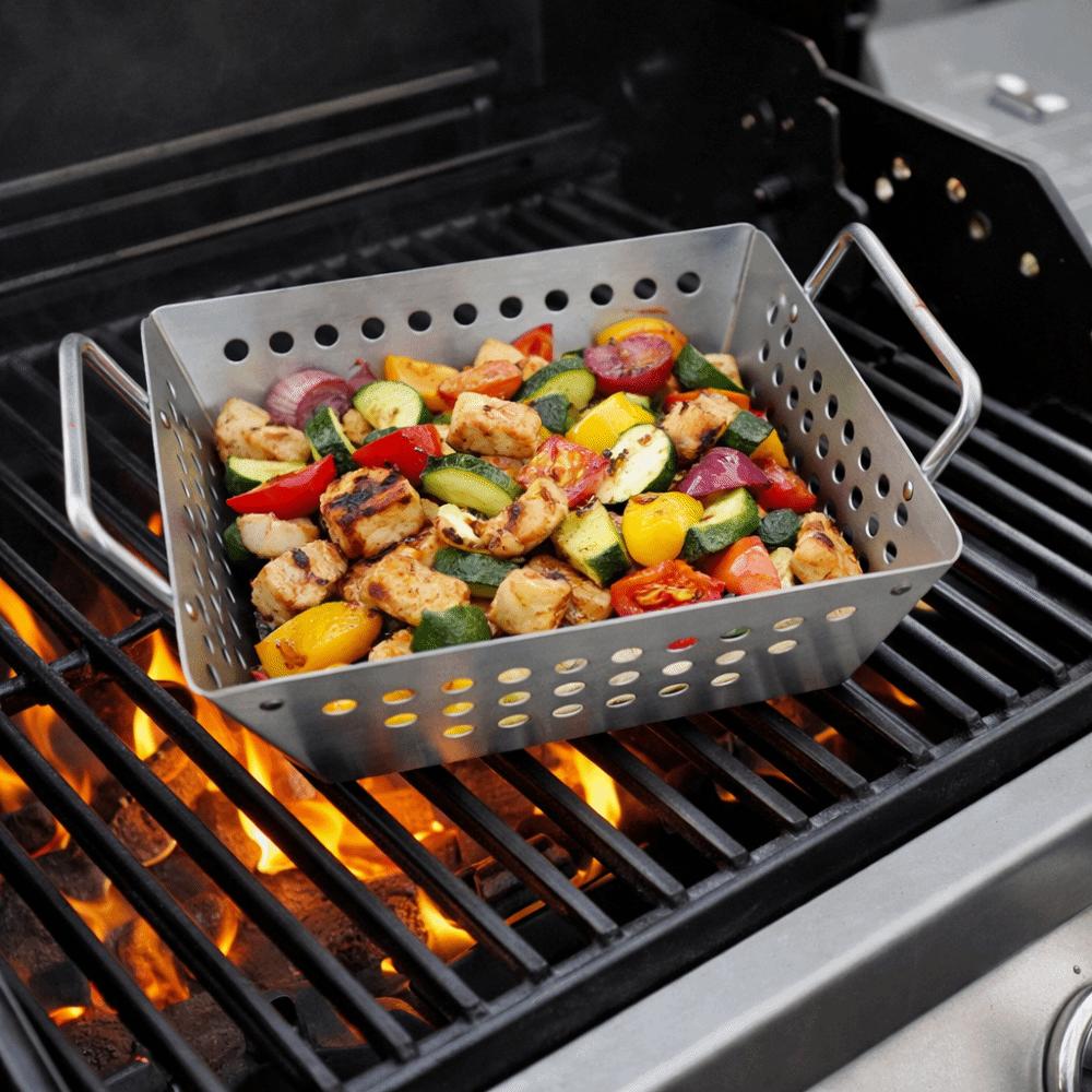 Double Handle Stainless Steel Grilling Tray Non-stick Drainable French Fries Fryer Basket Anti-rust Hollow Design