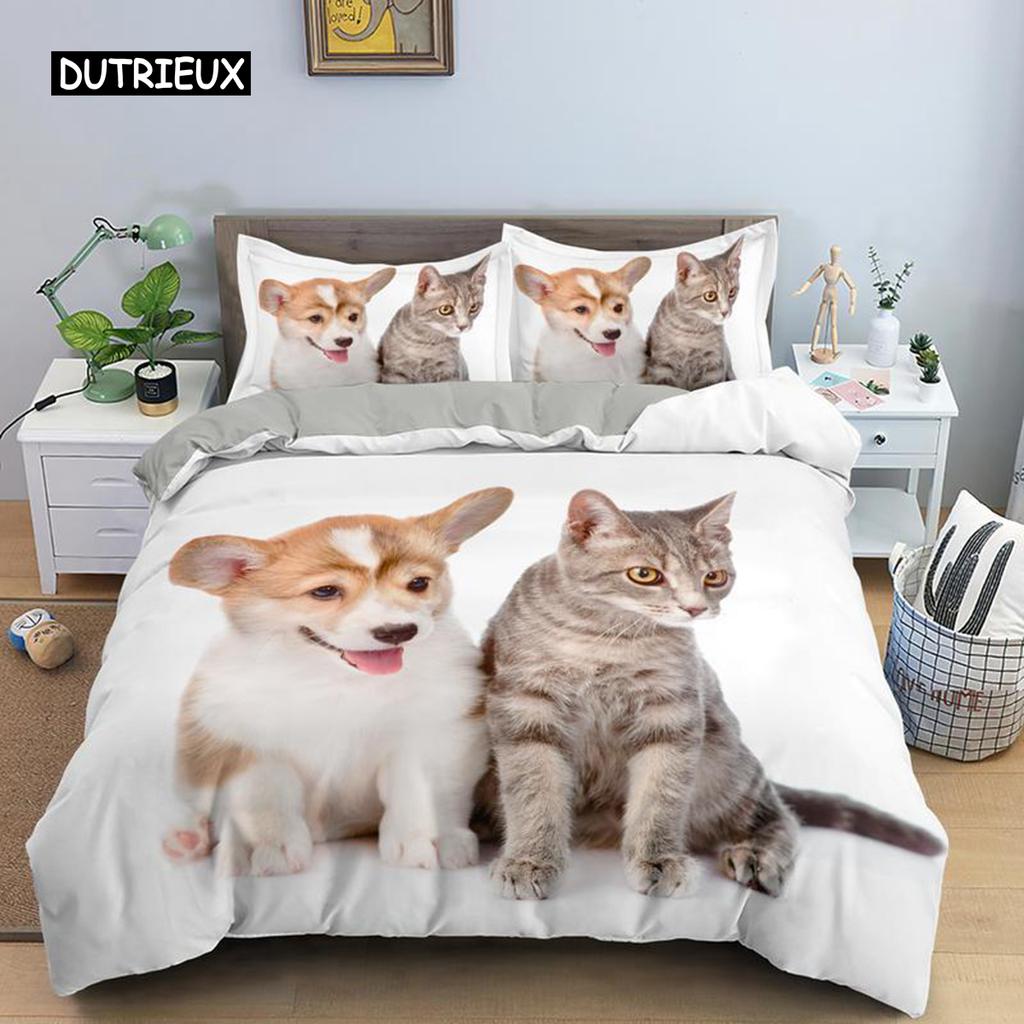 Dog and Cat Bedspread Cover Kit Queen Size Size Animal Theme Twin Size Sleep Bedding Kit for Kids Boys Girls Cozy Microfiber Fabric 3D Design Puppy