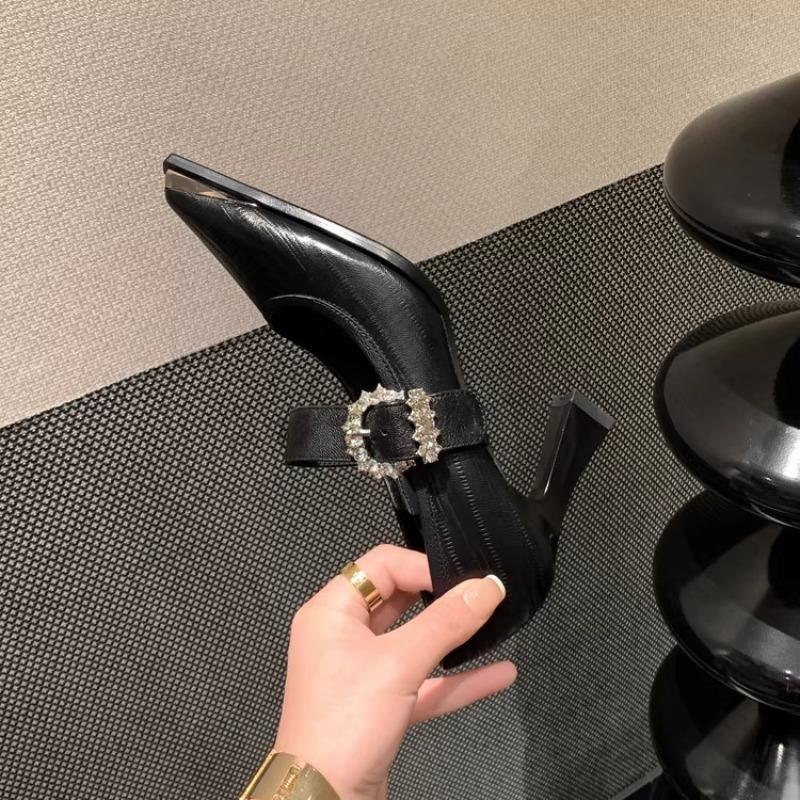 Fashion Rhinestone Buckle High Heels Autumn New Fashion Pointed Toe Shallow Mouth Temperament Simple Soft Leather Single Shoes Women