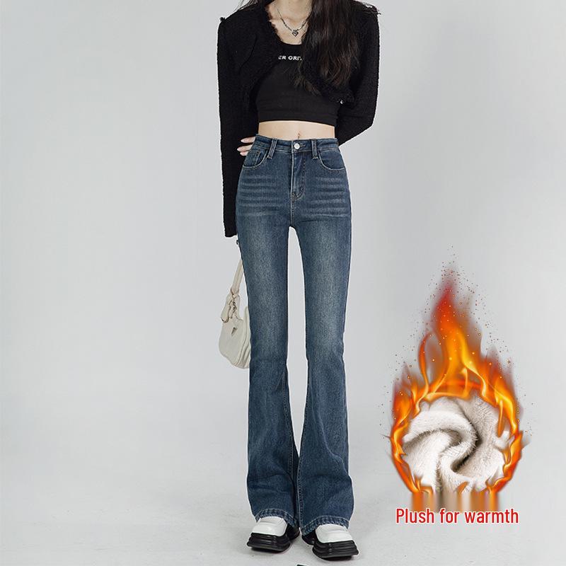 Hong Kong Style Velvet Flare Jeans - Women s Winter 2026 Retro Slim Fit Bell Bottoms XS