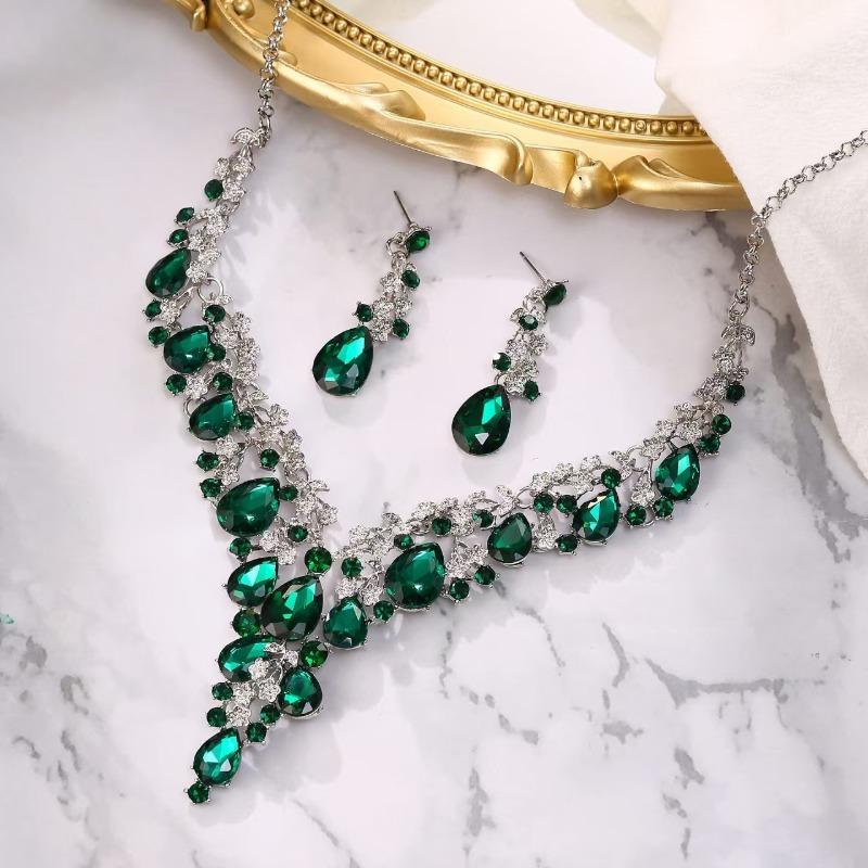 Long Necklace Earrings Two-piece Women's High-end Banquet Dress Full of Diamonds Crystal Jewelry Set