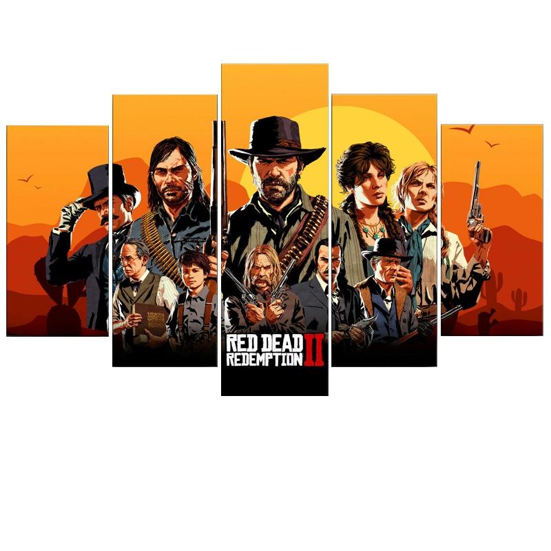 5-teiliges Leinwand-Wandkunst-Poster Gemälde Red Dead Redemption 2 Spiel-Tapete Heimdekoration Wohnzimmer Bilddruck Wandbild Kunstwerk