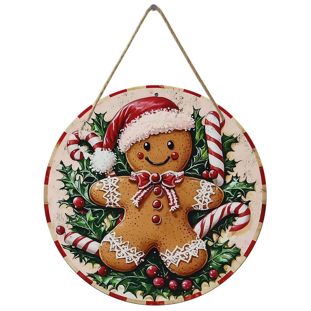 Vintage Gingerbread Man Christmas Round Wooden Hanging Plaque Holiday Wall Decor Front Door Sign Festive Home Ornament Xmas Party Supplies