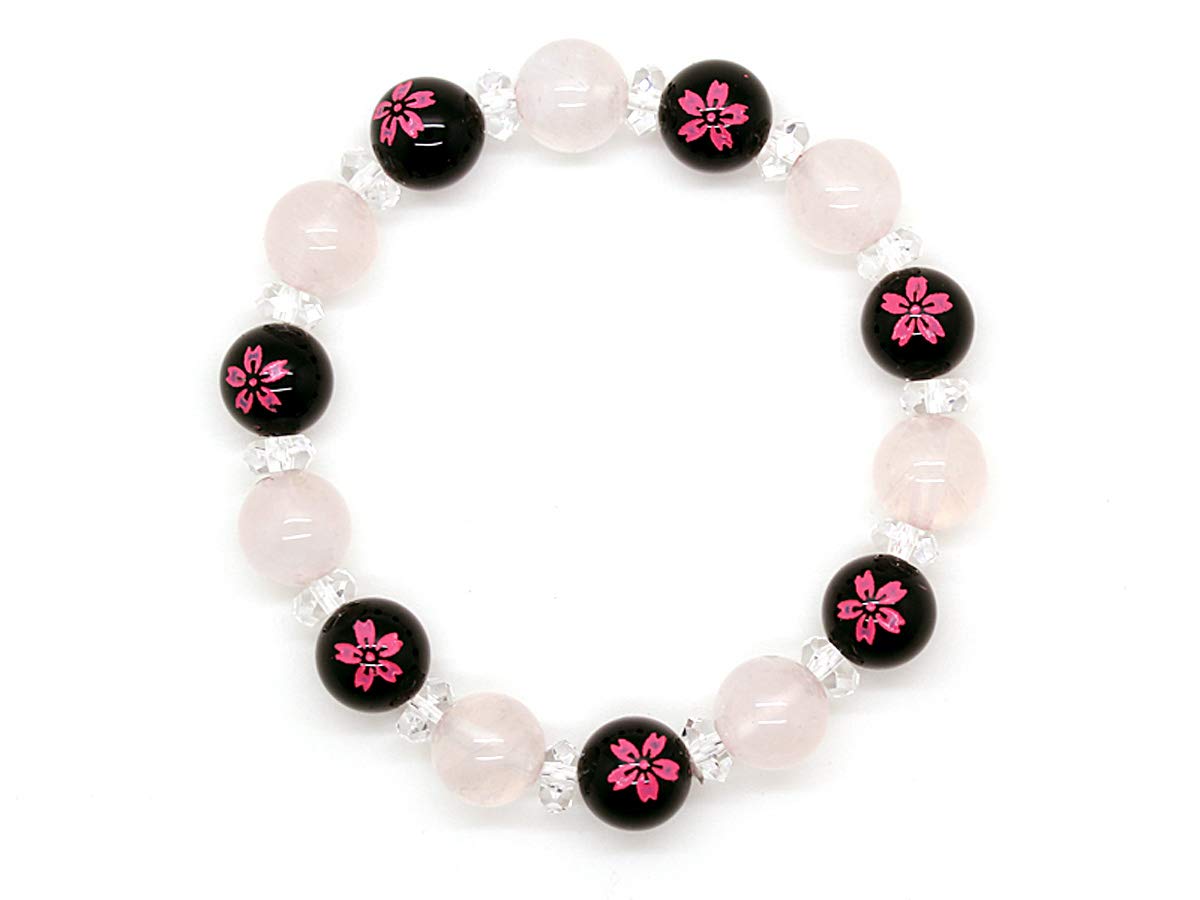 

Natural stone cherry carving onyx 10mm rose quartz 10mm cut button crystal power stone prayer beads bracelet [Sekuki] [b357]