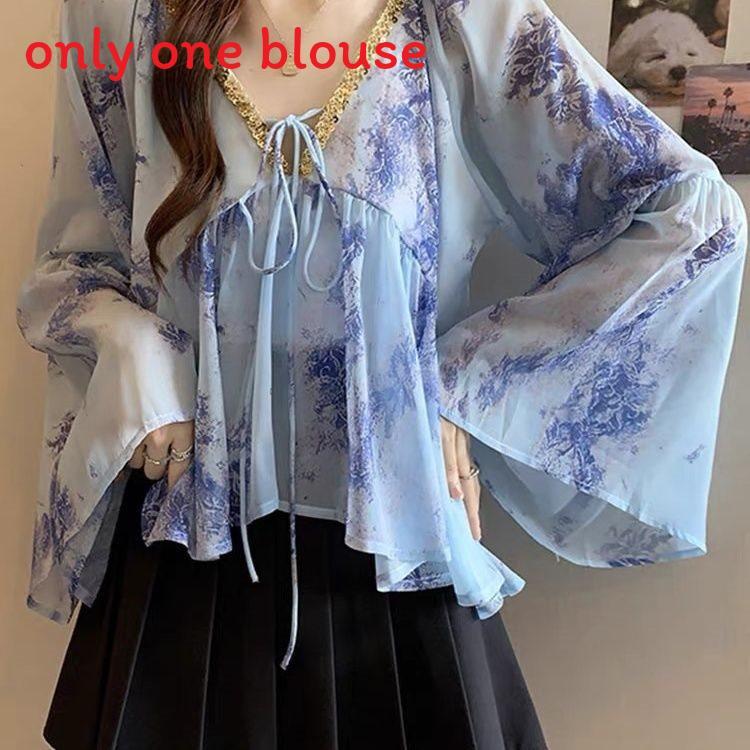 Sommer Chiffonbluse mit 3D-Druck und V-Ausschnitt für Damen