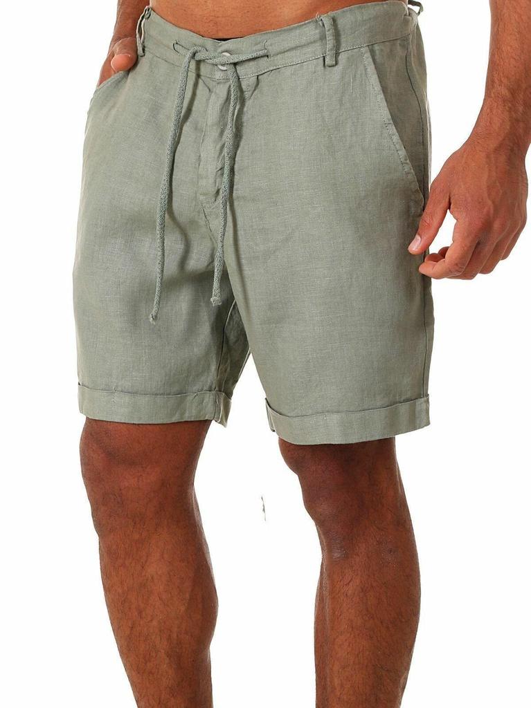 Men's Cotton Linen Lace-up Casual Shorts - Summer Plain Color, Five-Point Length