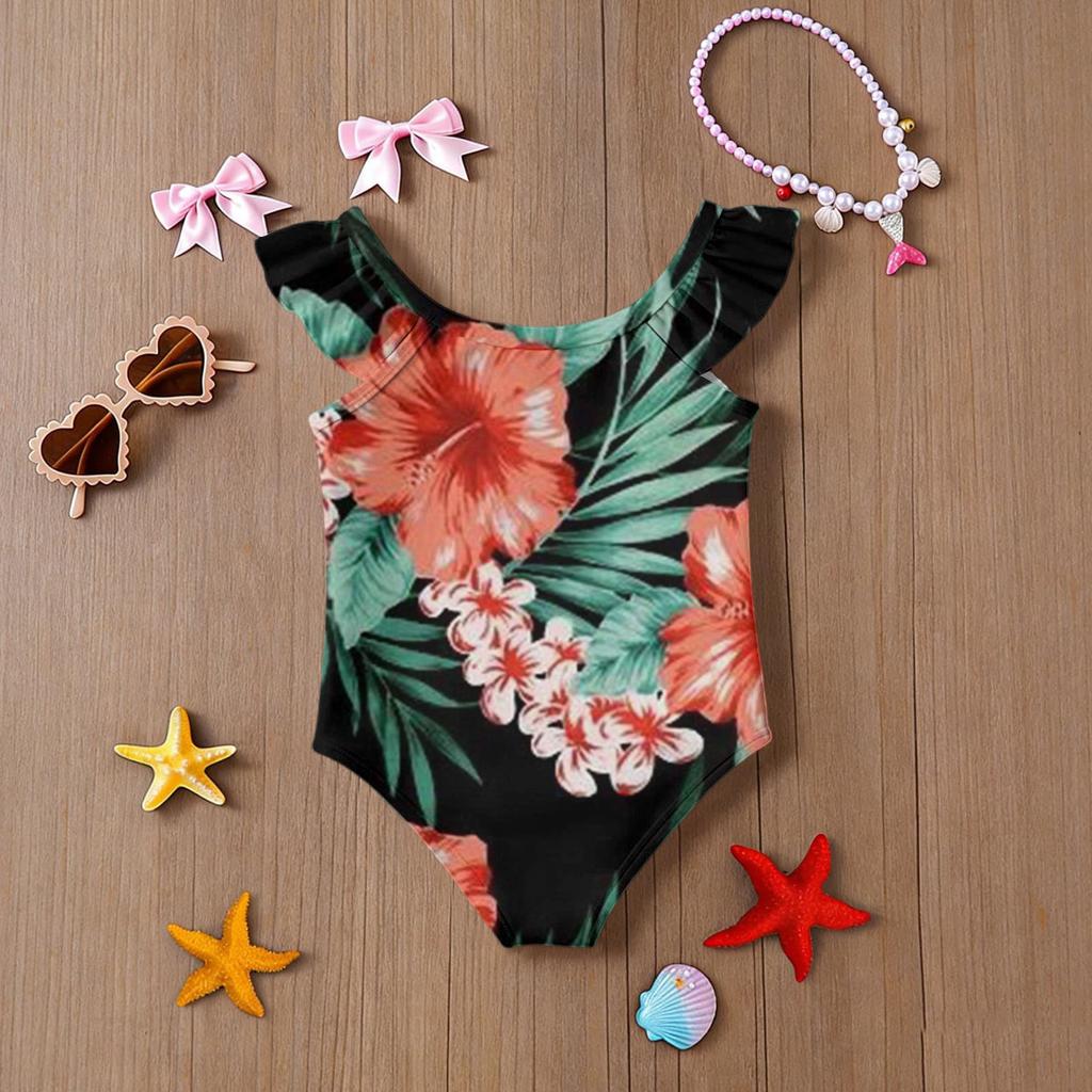 Girls One Piece Swimsuit Hawaiian Print Kids Swimwear Toddler Child Beachwear Sleeveless Ruffle Shoulder Bathing Suit for Summer Pool