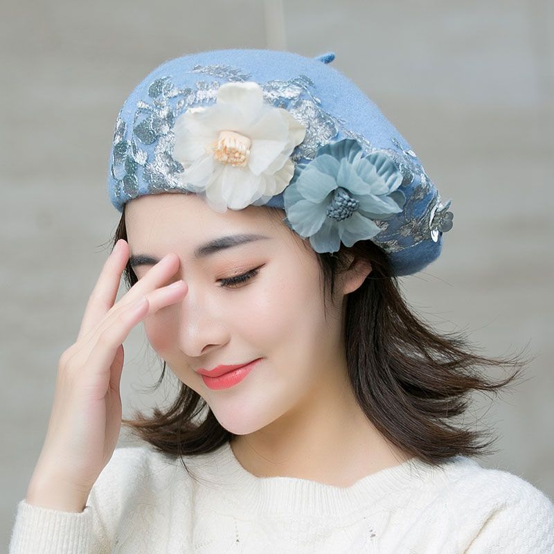 Women's Hat Original Embroidered Beret Women's Autumn/winter Floral Painter Hat Wool Pumpkin Hat