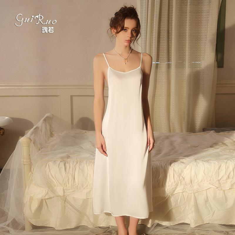 Women's Solid Silky Satin Deep V Slim Backless Long Cami Sleep Dress with Robe Lounge Set