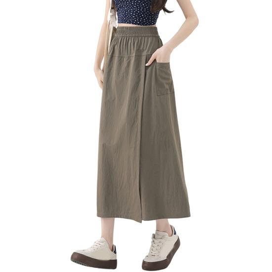 Women Cargo Pants Elastic High Waist Wide-Leg Skirt Pants with Pockets Solid Color Summer Thin Leisure Trousers