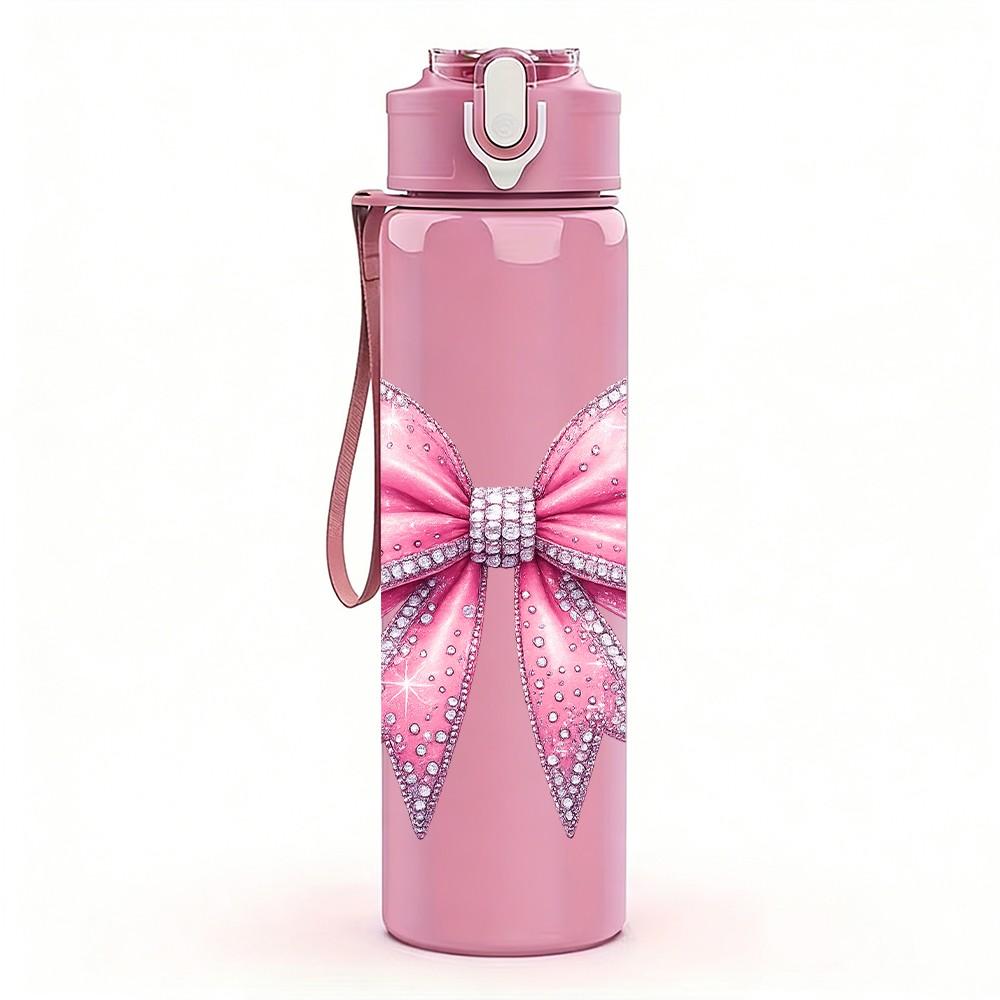 1PC Elegant Pink Fabric Bow Decoration Print 750ml Color Plastic Sports Water Bottle Leakproof Flip Straw Lid Suitable for Sports Office Home Use