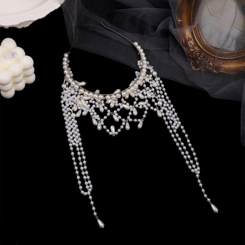 Women Hairband Pearls Hair Jewelry Bridal Modern Blingbling Tassels Pearls for Bride Wedding Party Head Chain