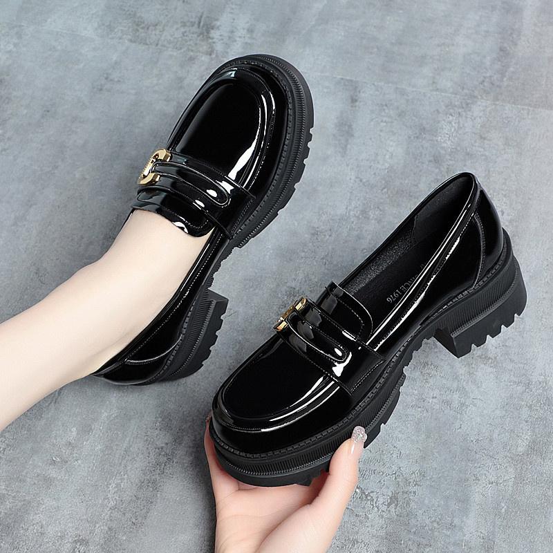 Women  Spring Autumn Deep Mouth High Heels Loafers Patent Leather Chunky Platform Pumps Slip On Black Office Mary Jane Shoes