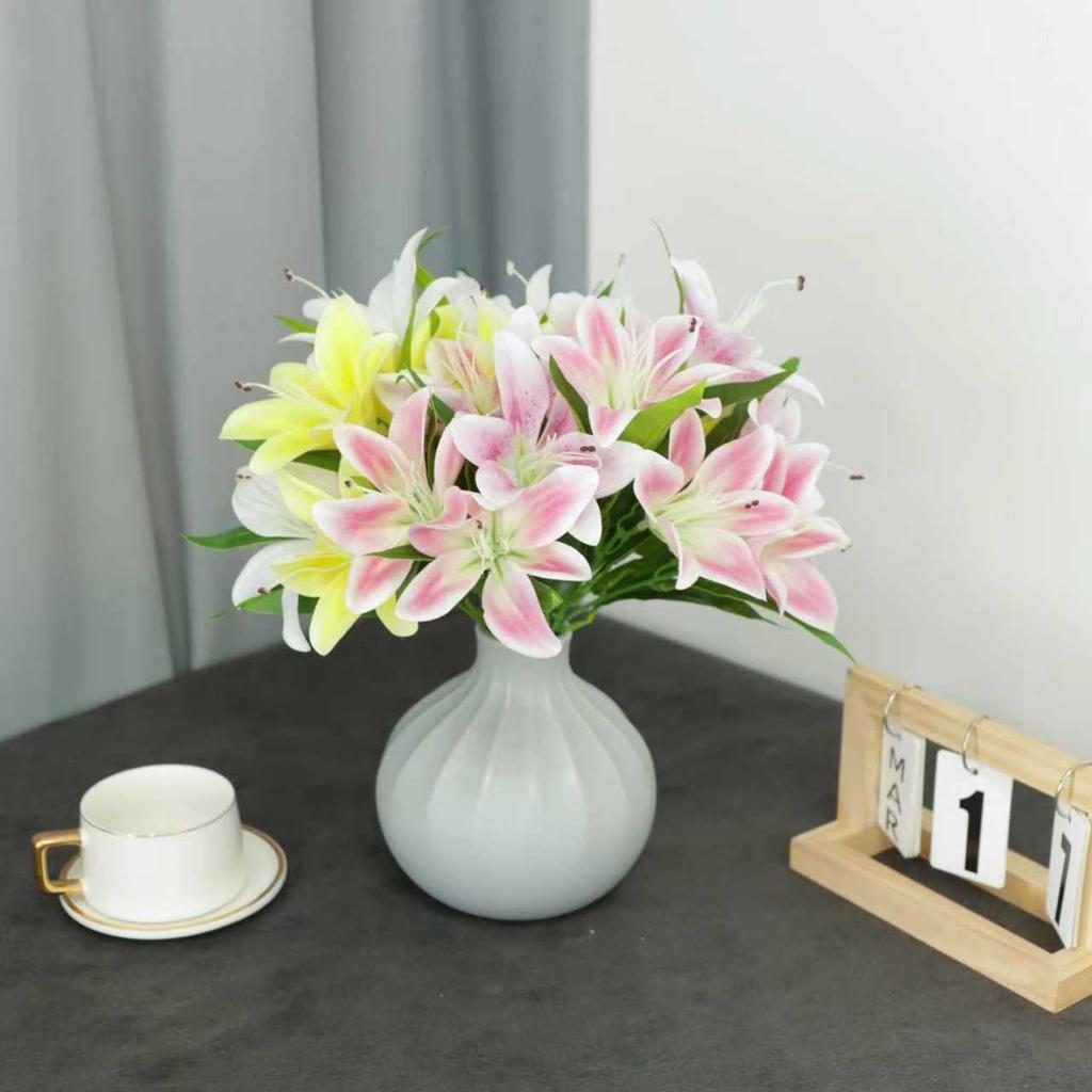 Artificial 5-head Lily Bouquet, Faux Floral Stem for Home Tabletop Arrangement, Wedding, Party, Banquet and Indoor Festival Decor