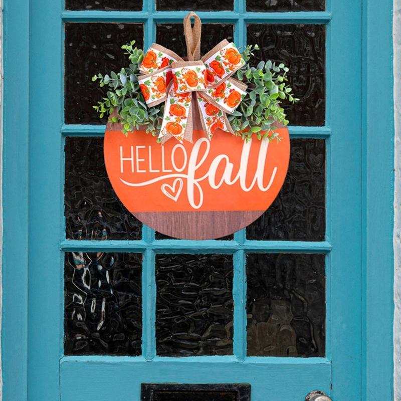 Vibranting Hand Carveds Pumpkins with Bowknot Designs Sturdy Wood Decoration for Seasonal Window and Door Display