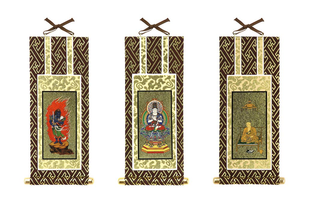 

Буддизм Сингон Оригинальный набор из 3 подвесных свитков (25 см высотой) Дайнити Нёрай, Акала и Кобо Дайси (30-е годы)