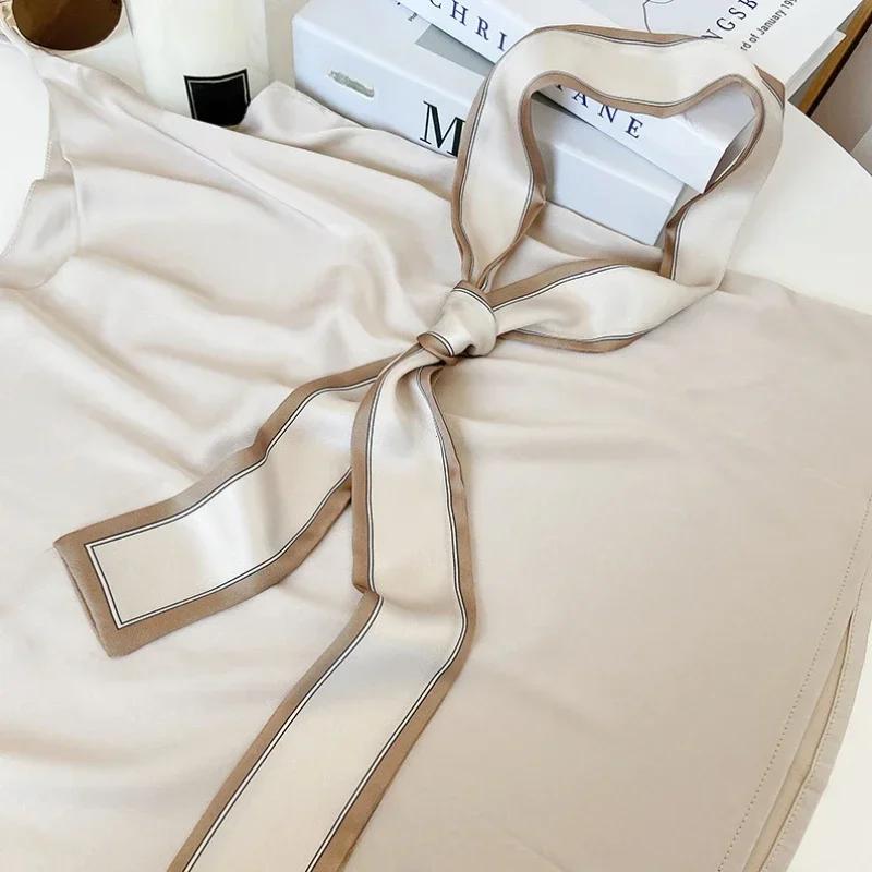 Women Narrow Thin Scarf Striped Long Silk Scarf Women Handle Bag Ribbons Multi-Function Decorative Neckerchief Hair Tie Band