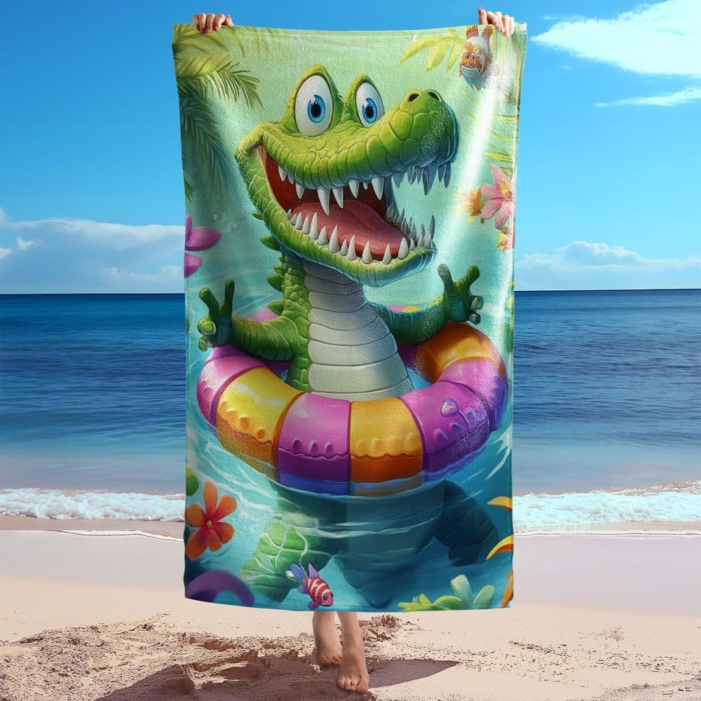 

Artistic Cute Crocodile Beach Towel, Fun Cartoon Animal Pattern Quick Dry Absorbent, Large Sand Free Travel Pool Essentials W40*H60(CM)
