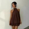 Abito da Donna Corto a Svasatura in Chiffon Casual Senza Maniche ad Collo Alto Mini Abiti da Festa
