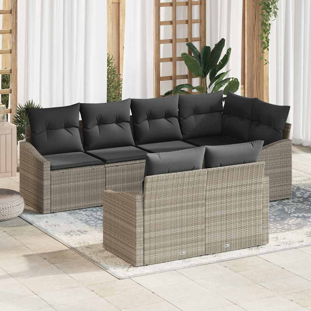 7 Piece Sofa Set with Cushions Light Grey Poly Rattan