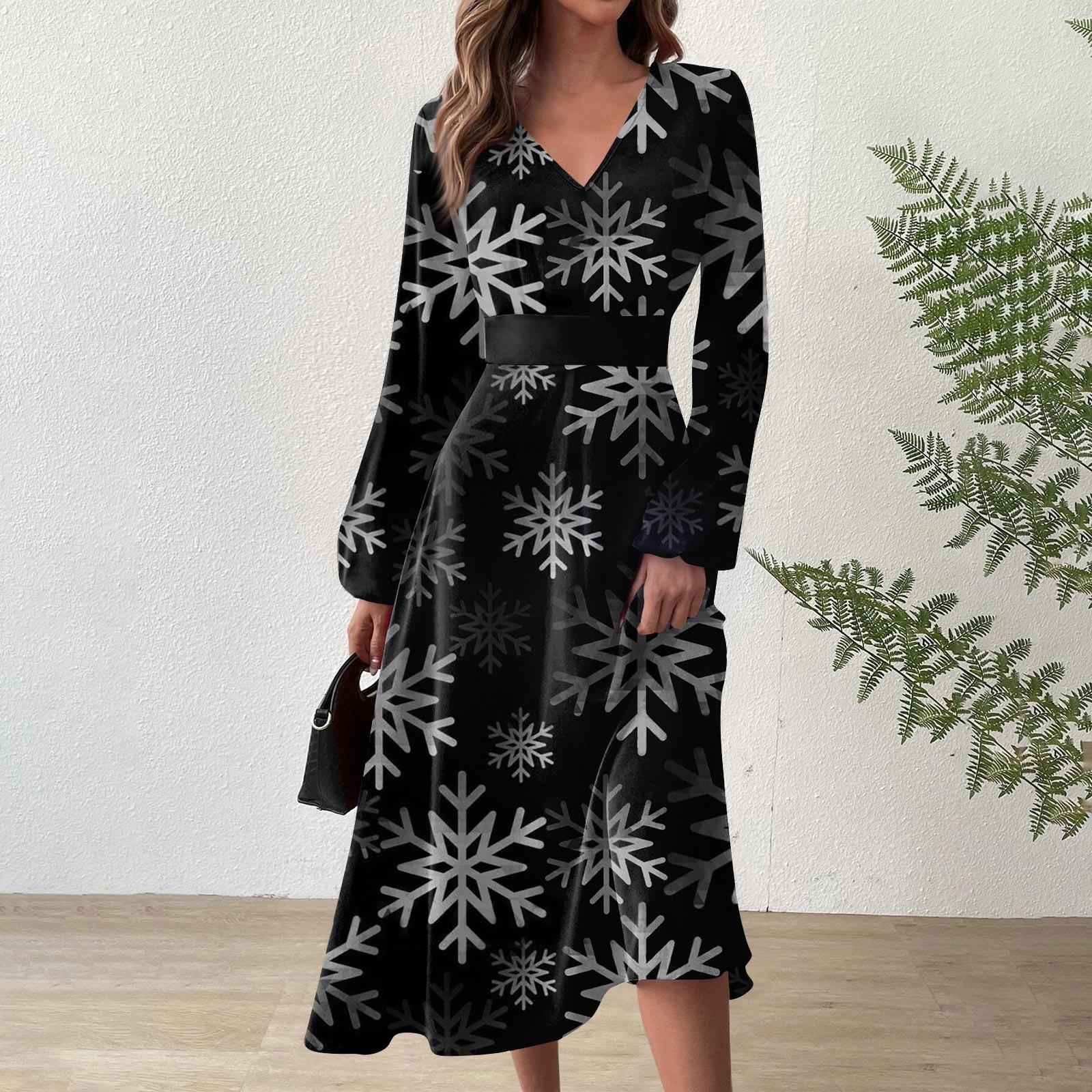 

Женское осеннее и зимнее повседневное модное длинное платье с v-образным вырезом и длинным рукавом с рождественским принтом XL чёрный
