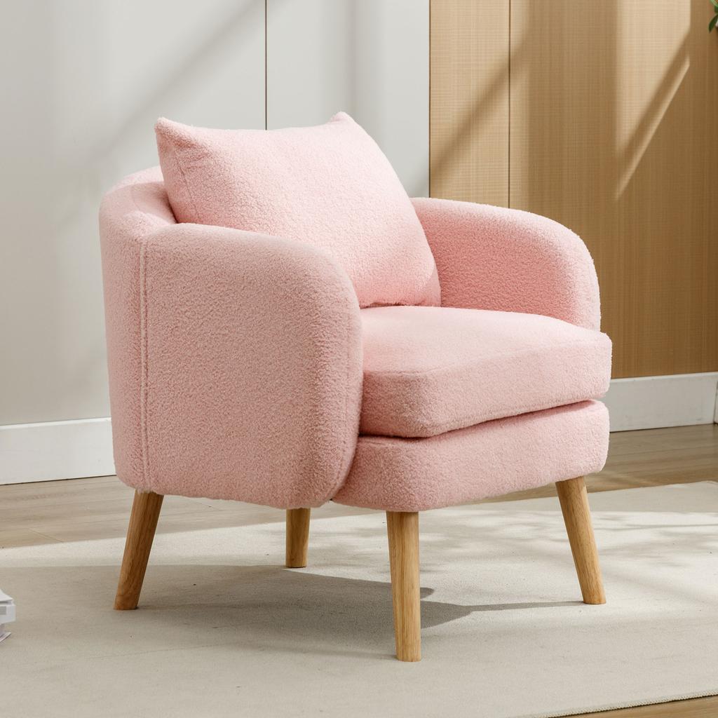 Modern, Simple Teddy Velvet Armchair with Cushion, Extra Thick Cushion, Single Sofa Armchair, Upholstered, Leisure Chair, Solid Wood Leg Chair