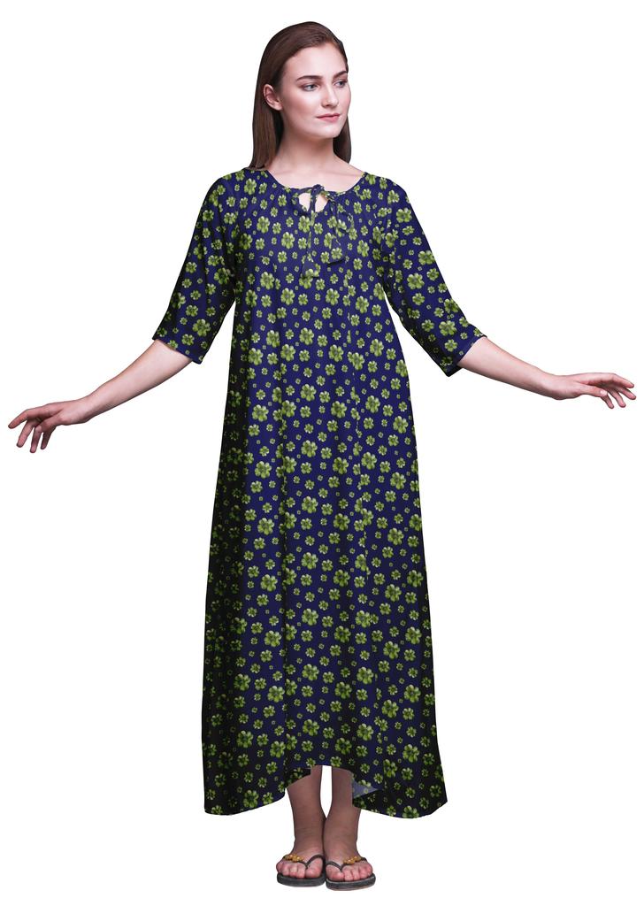Bimba Dark Rose Brown Floral Leaves & Camellia Kanjiro Printed Nightgowns Maxi Sleepwear For Women Long Sleep Dress