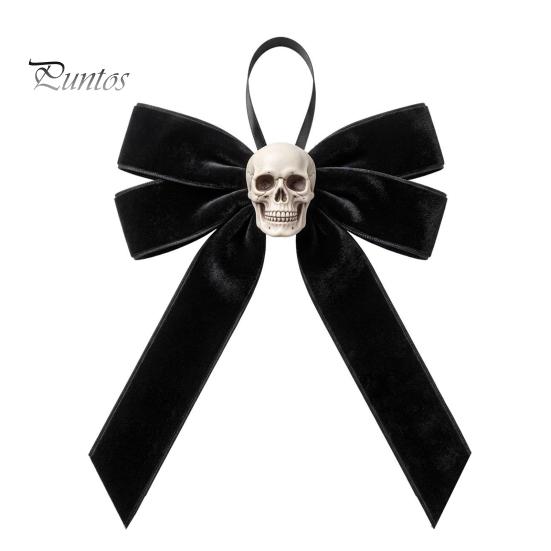 Vintage Style Hanging Ornament Halloween Velvet Bows with Skull Ornaments for Tree Decoration, Black Bow Pendant Gothic Flannel Home Holiday