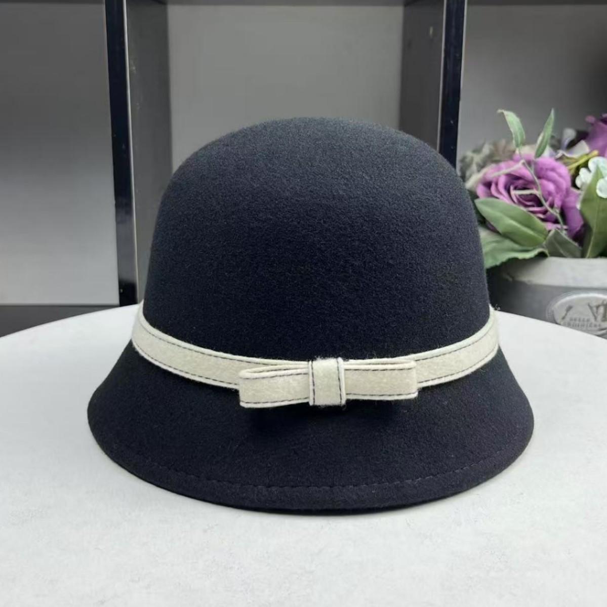 

High-end wool fashion top hat female British autumn and winter retro celebrity basin hat versatile bucket hat black temperament hat Adjustable (54-58cm) чёрный