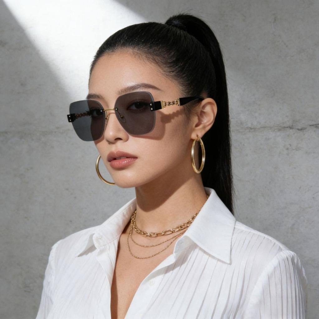 Fashionable Borderless Metal Chain Sunglasses for Women with A Sense of Luxury and Irregular Temperament. New Large Frame Sunglasses