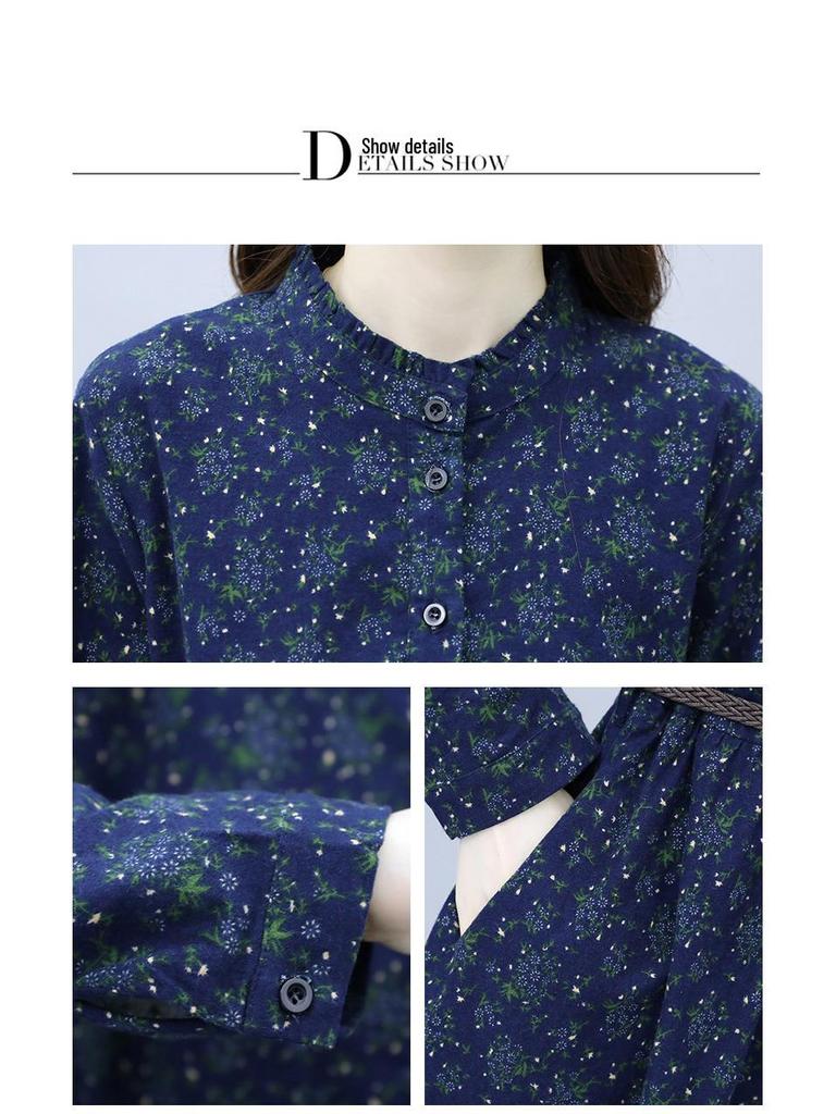 Damen Schlankmachendes Baumwoll-Blumenkleid mit Rüschenkragen - Frühling/Herbst 2025