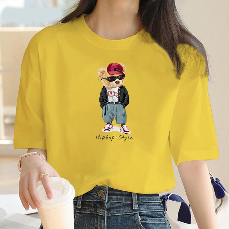 Womens Hip Hop Bear Print T-Shirt Y2K Cartoon Print Clothing Fashion Print T-Shirt Womens T-Shirt