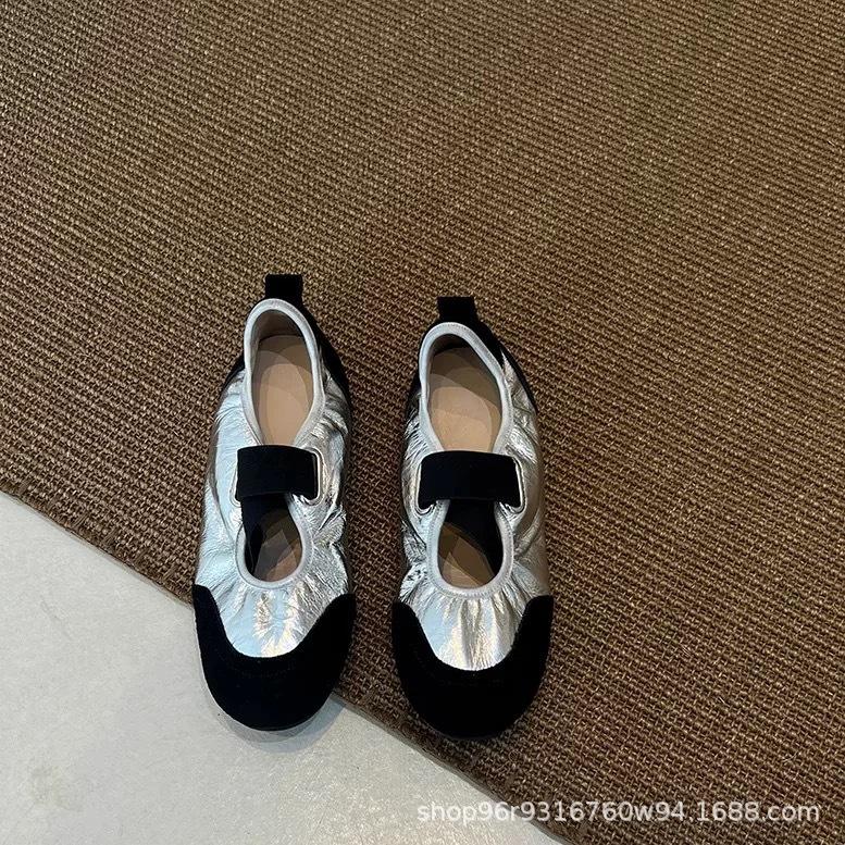 Cowhide Version~ French Retro Style Color Matching Round Head Light Mouth Mary Jane Shoes 2025 New Commuter Flat Shoes