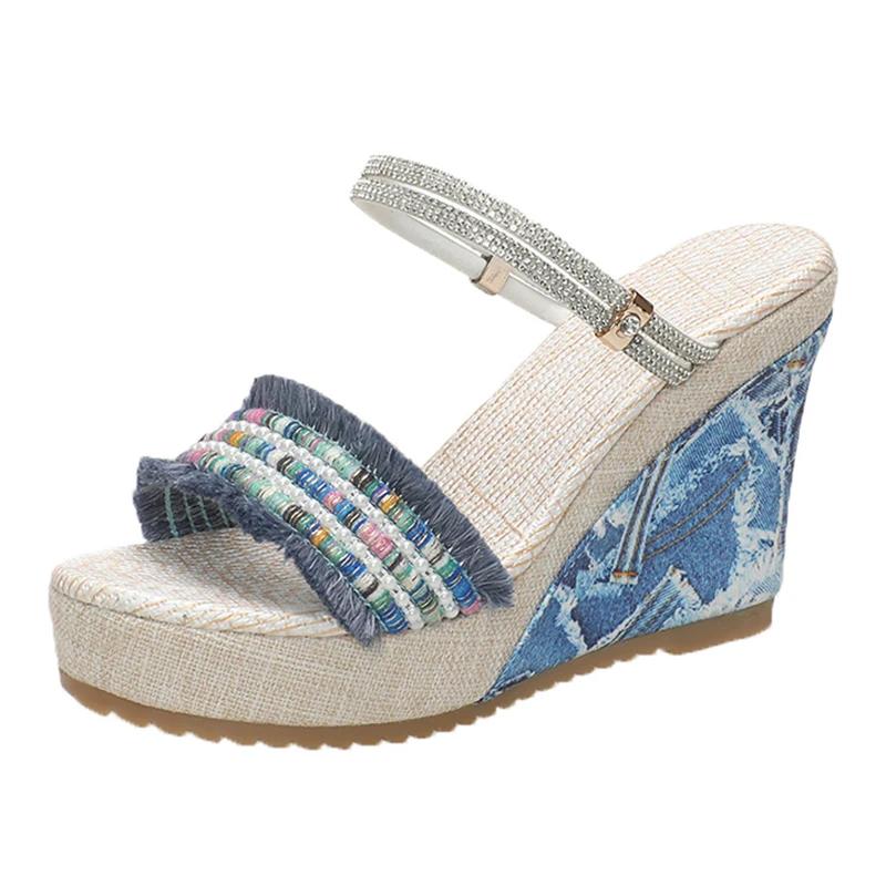 Fashion New Summer Fashion Wedge Heel Sandals Woman Bohemian Crystal Strap Platform Sandals for Women Thick Sole Non Slip Beach Slippers