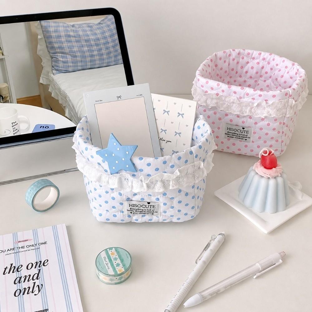 Large Capacity Quilted Storage Basket Polka Dot Pattern Desktop Organizer Box