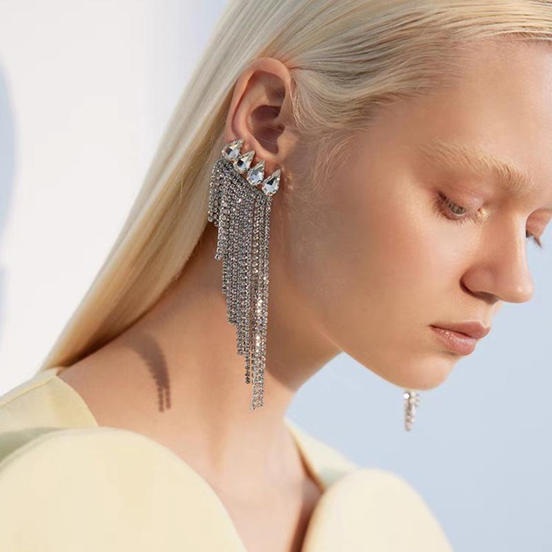 925 Silver Needle Multifaceted Chain Tassel Earrings with Diamonds for Women - European and American Statement Jewelry