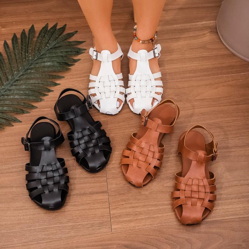 2025 Closed Toe Backless Flat Woven Sandals - Solid Color, Plus Size Available