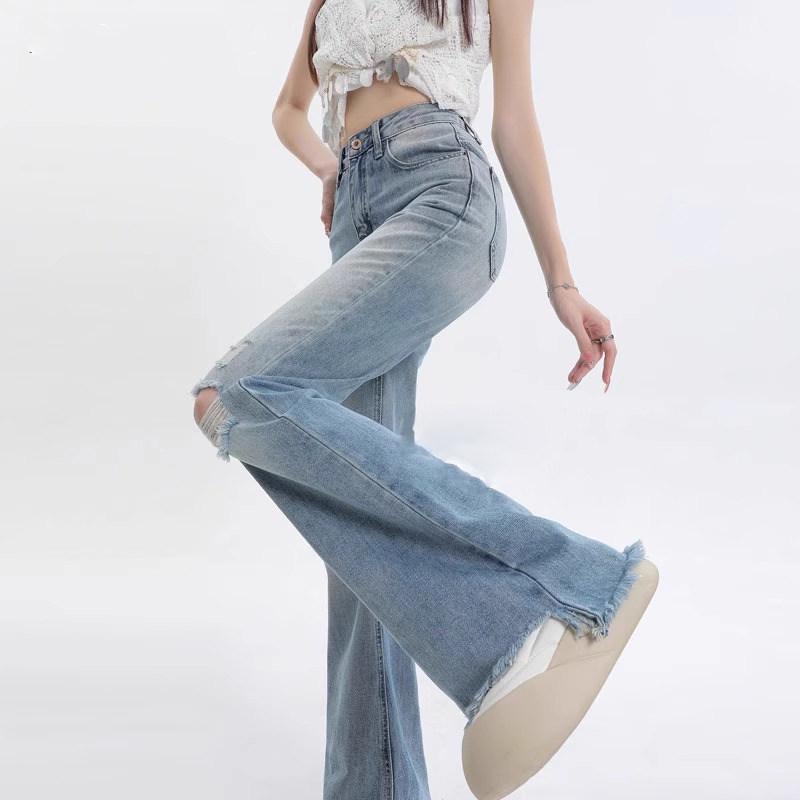 

Plus Size Light Color High Waist Ripped Flare Jeans M