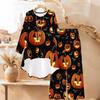 Halloween-Druck Zweiteiliges Outfit Damen Langarm Unregelmäßiger Saum Tunika Oberteil Weite Hosen Lässiges Kombinationsset